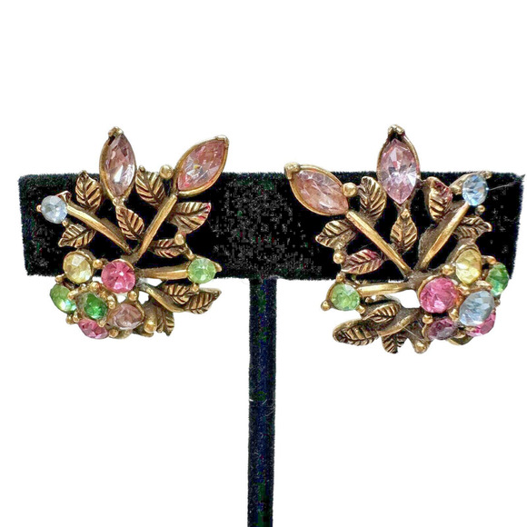 Vintage Set Signed CORO Bracelet 7" & Earrings Antique Gold Tone Rhinestones - Picture 4 of 16